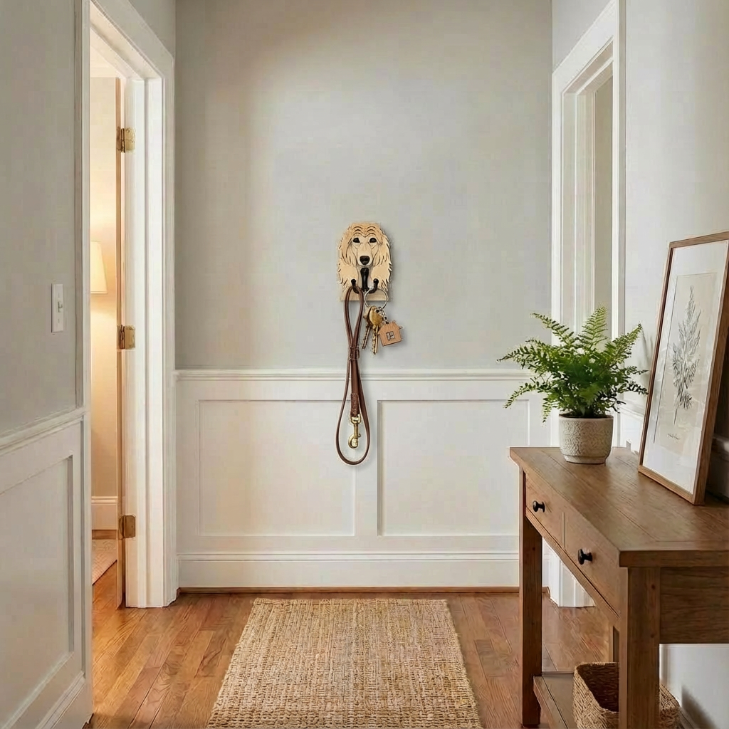 Afghan Hound dog face wall hook holding a dog lead and keys in a hallway, 3D printed personalised lightweight hook.