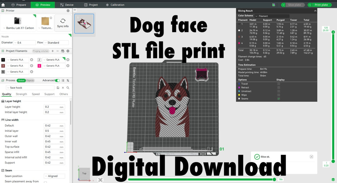 Akita Dog Face Hook STL File 3D Printing.  AkitaDog face STL file print design on a software interface with digital download text.
