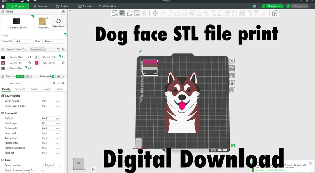 Akita Dog Face Hook STL File 3D Printing. Computer screen displaying a 3D printing software with a dog face STL file print and digital download text.