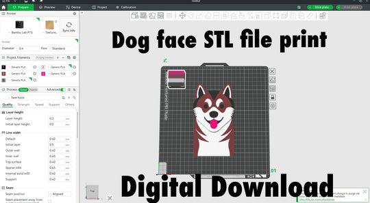 Akita Dog Face Hook STL File 3D Printing. Computer screen displaying a 3D printing software with a dog face STL file print and digital download text.