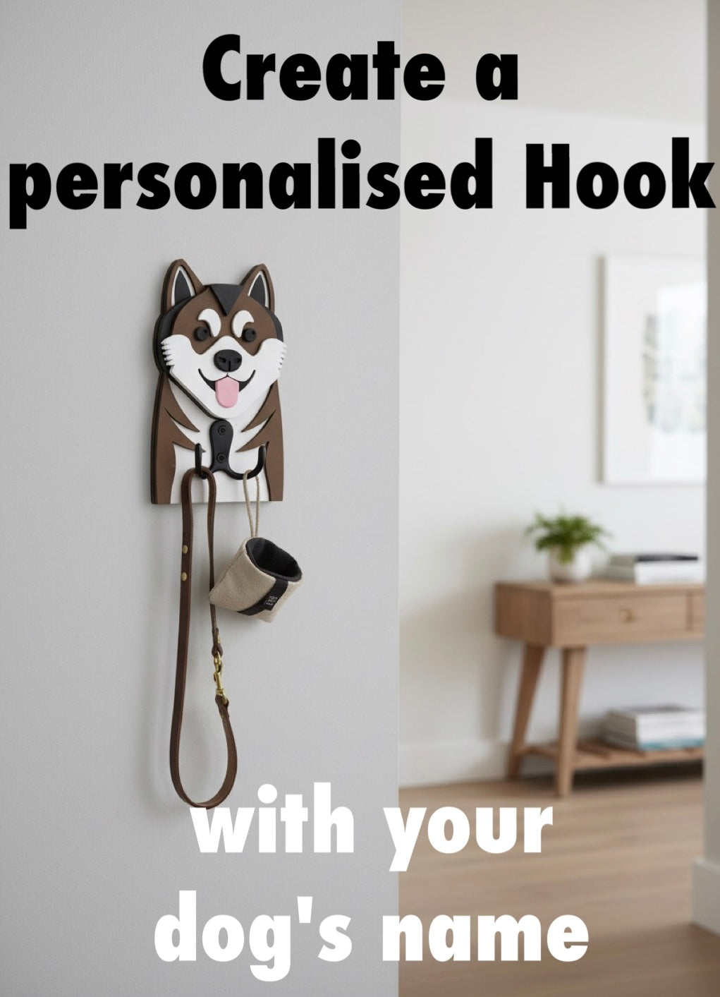 Akita 3D Printed Dog Face Hook. Personalised Akita dog hook with a dog design on a wall in a room.