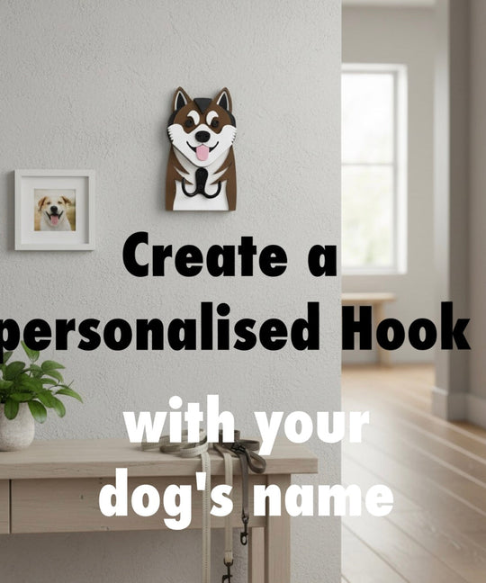 Akita 3D Printed Dog Face Hook. Wall-mounted Akita Dog hook with text 'Create a personalised Hook with your dog's name' in a home setting.