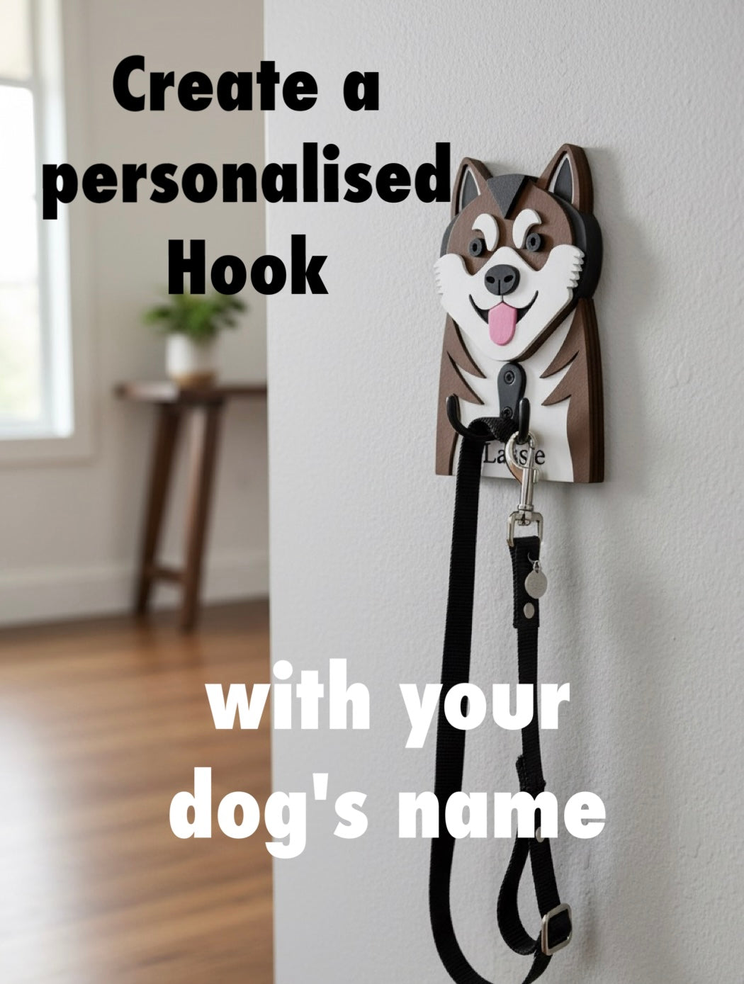 Akita 3D Printed Dog Face Hook. Akita Dog themed hook with a leash on a wall, text 'Create a personalised Hook with your dog's name'.
