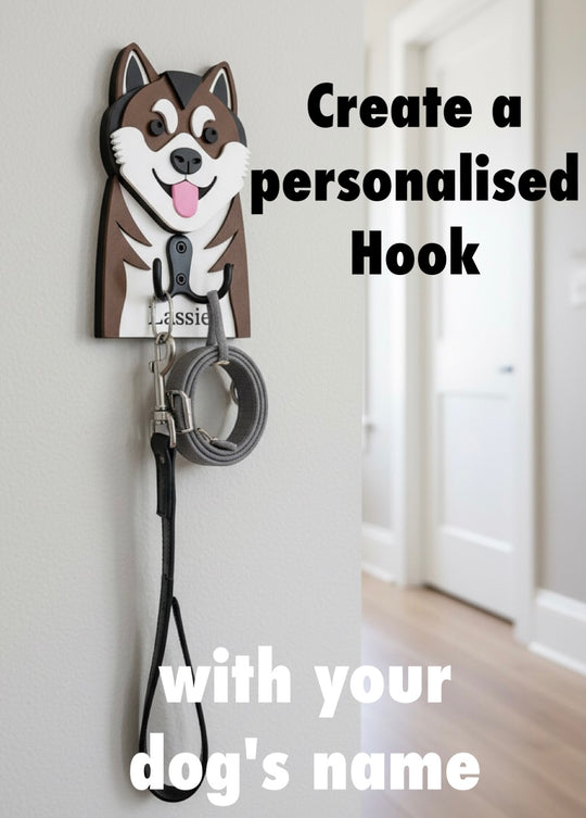 Akita 3D Printed Dog Face Hook. Personalised Akita dog hook with leash holder on a white wall