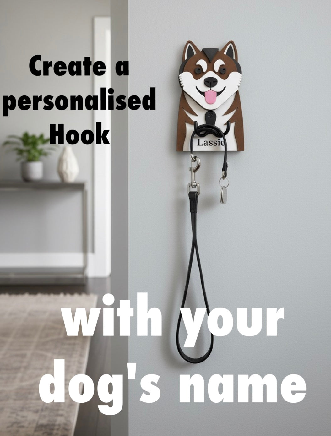 Akita 3D Printed Dog Face Hook. Akita dog hook with a leash on a wall, featuring text to create a personalized hook with a dog's name.