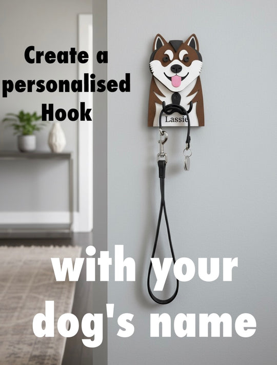 Akita 3D Printed Dog Face Hook. Akita dog hook with a leash on a wall, featuring text to create a personalized hook with a dog's name.