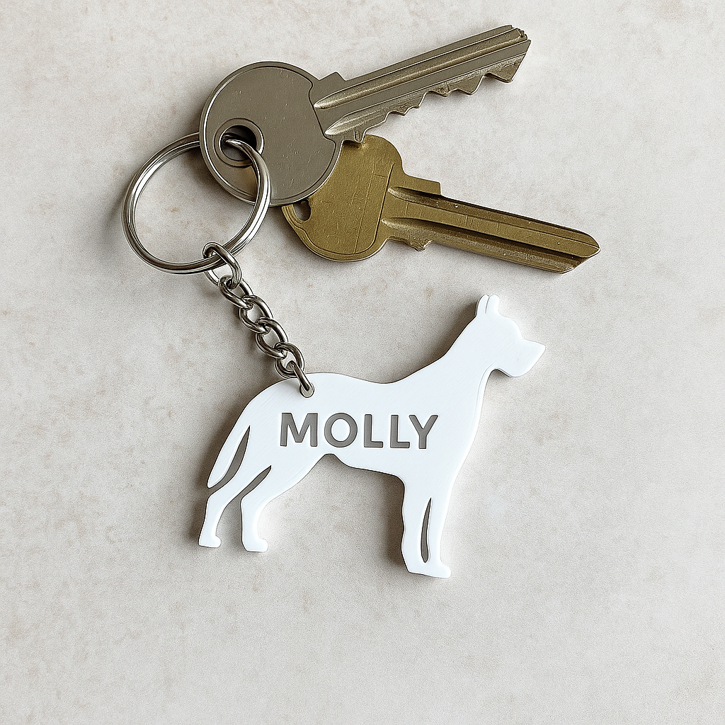 White 3D-printed Great Dane-shaped keyring personalized with the name 'Molly'. Attached to a silver keyring holding two house keys, shown on a neutral beige background. Minimalist custom pet accessory for dog lovers.