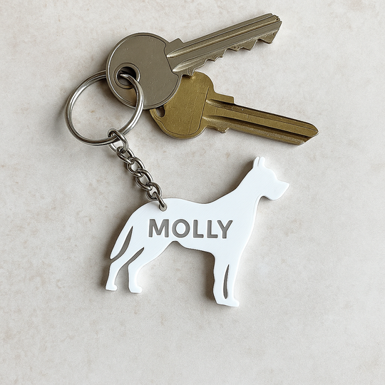 White 3D-printed Great Dane-shaped keyring personalized with the name 'Molly'. Attached to a silver keyring holding two house keys, shown on a neutral beige background. Minimalist custom pet accessory for dog lovers.
