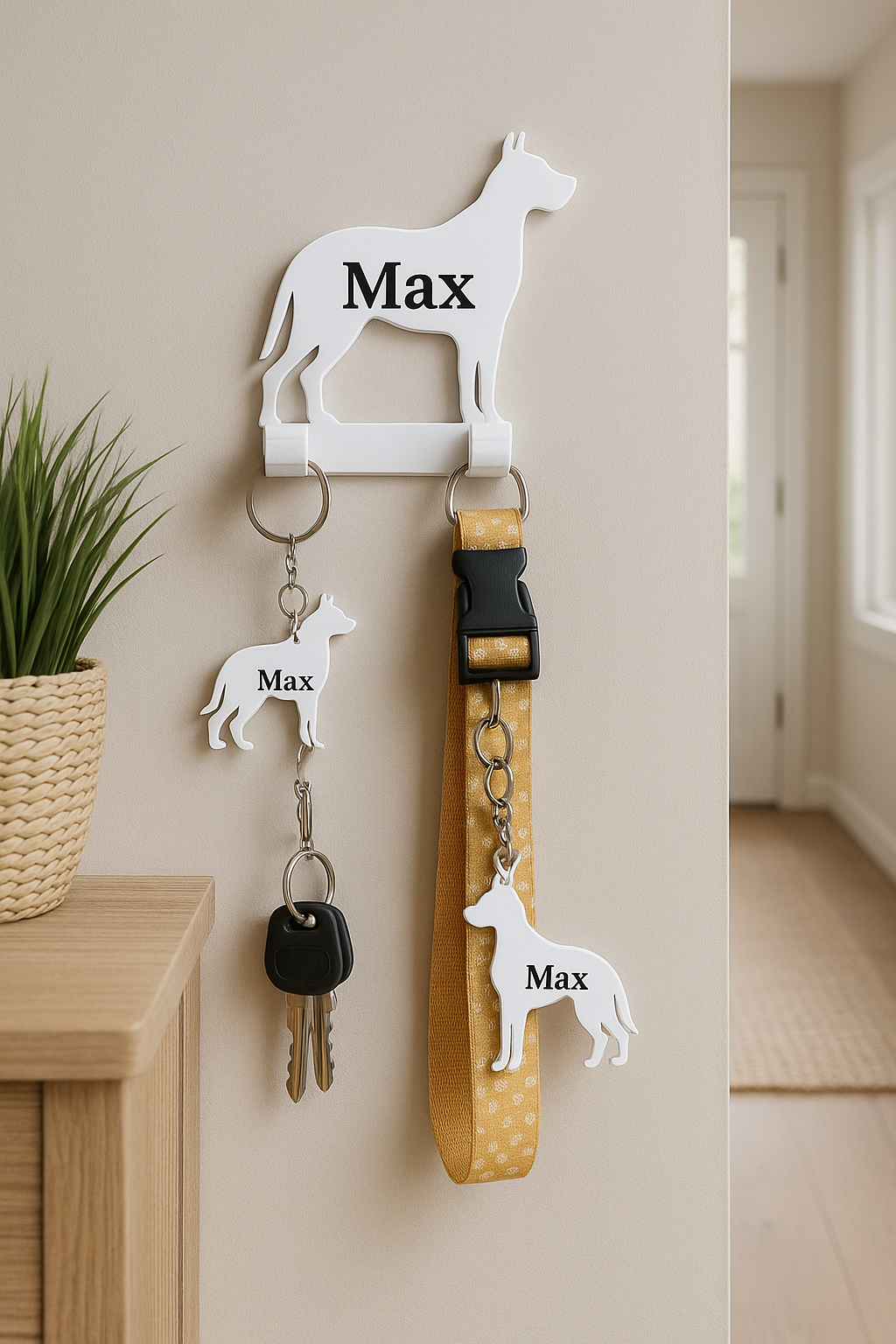 White 3D-printed Great Dane-shaped wall hook labeled 'Max', holding a yellow dog collar and two matching custom keyrings with the same dog silhouette and name. One keyring holds house keys. Displayed in a bright hallway with a potted plant and modern decor.