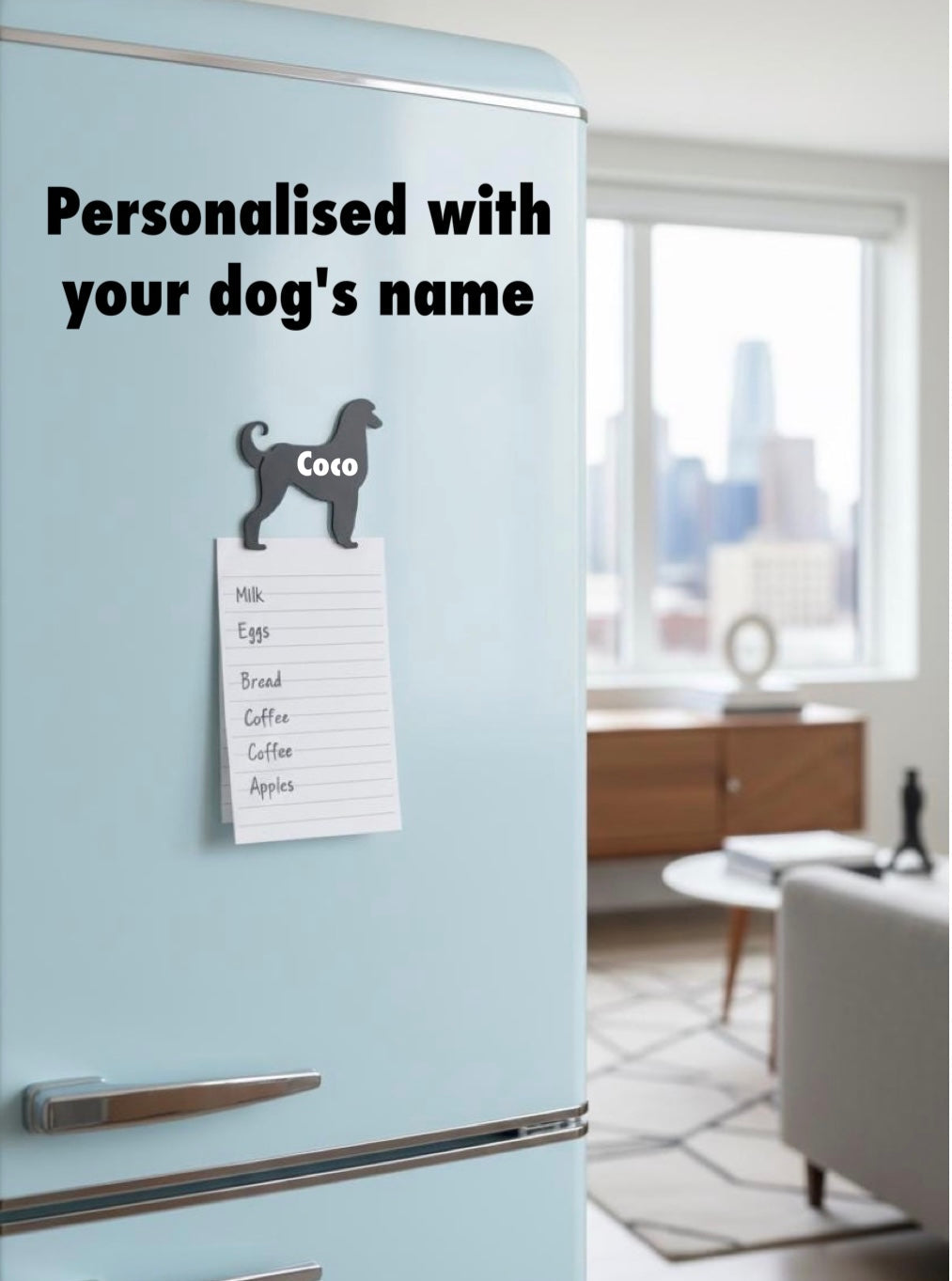 Personalised Afghan Hound dog magnet, custom made with your chosen name. 3D printed in the UK using durable PLA. Perfect gift for dog lovers, fridge décor, and pet owners.
