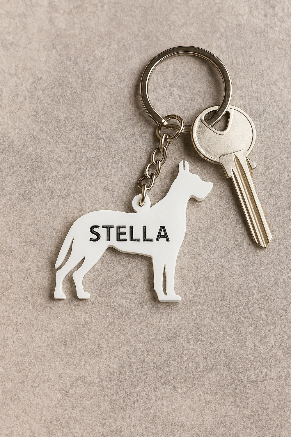 White 3D-printed Great Dane-shaped keyring with the name 'Stell' in blue, attached to 1 key on a silver keyring. Displayed on a smooth light grey surface, showcasing a personalised pet lover’s accessory