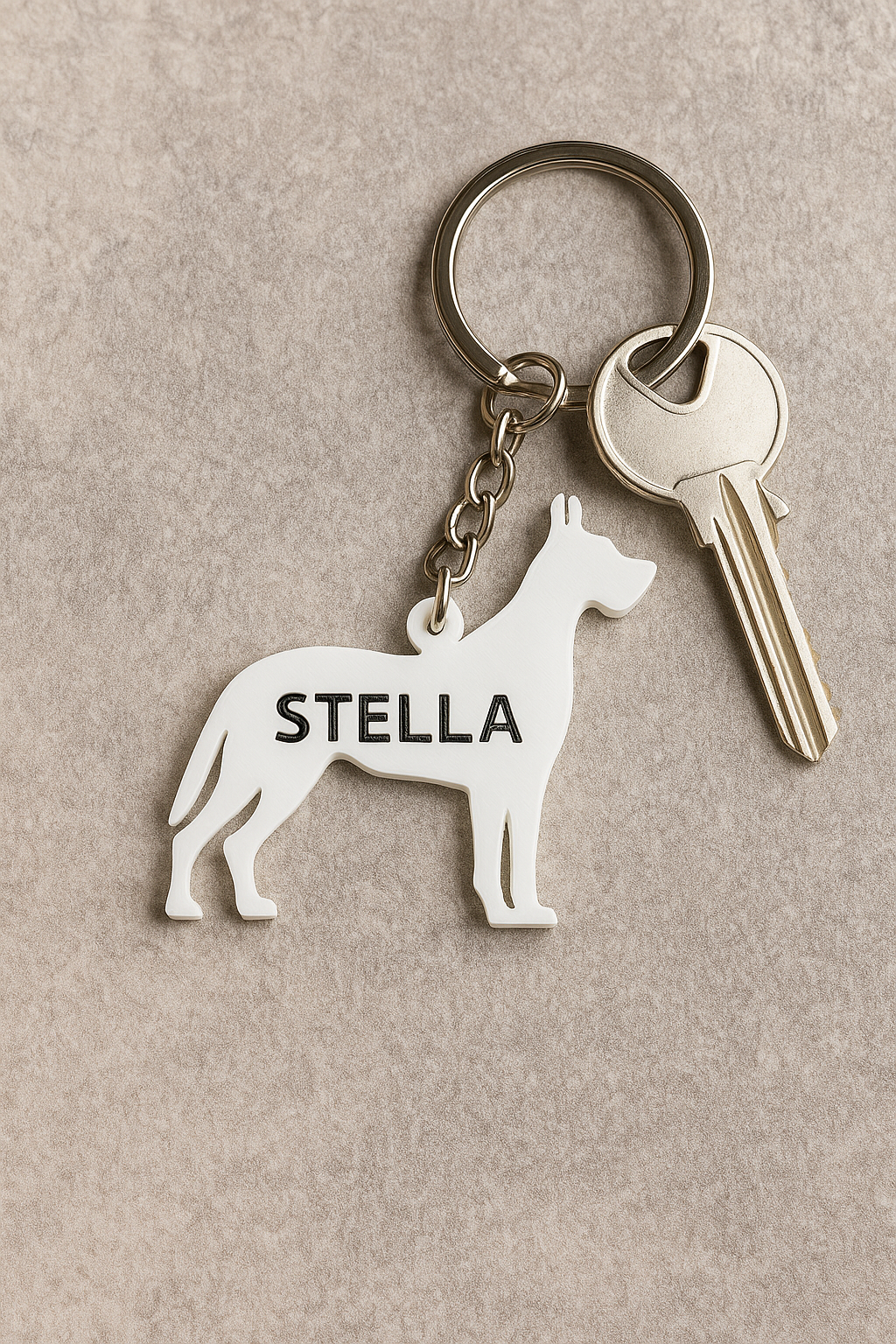 White 3D-printed Great Dane-shaped keyring with the name 'Stell' in blue, attached to 1 key on a silver keyring. Displayed on a smooth light grey surface, showcasing a personalised pet lover’s accessory