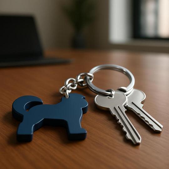 Keychain with dog-shaped key holder and two keys on a wooden surface.
