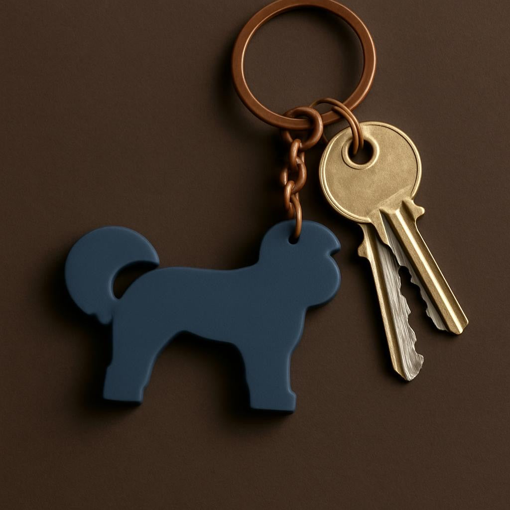 Keychain with dog-shaped key holder and gold key on a brown background