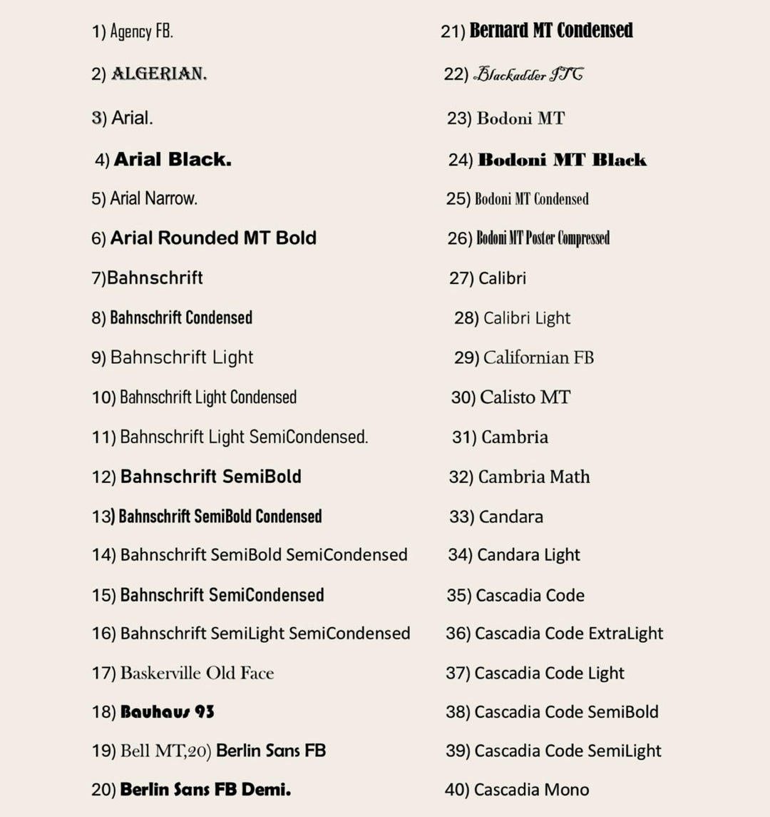 Font selection chart showing a list of over 40 typefaces with corresponding numbers. Useful for custom name or text personalization on digital or 3D-printed products.