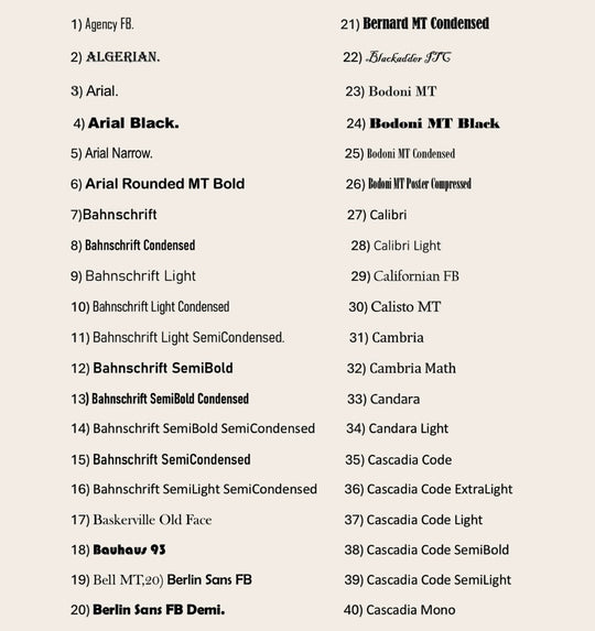 Font selection chart showing a list of over 40 typefaces with corresponding numbers. Useful for custom name or text personalization on digital or 3D-printed products.