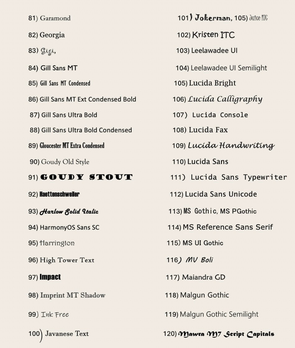 Font selection chart showing a list of over 40 typefaces with corresponding numbers. Useful for custom name or text personalization on digital or 3D-printed products.
