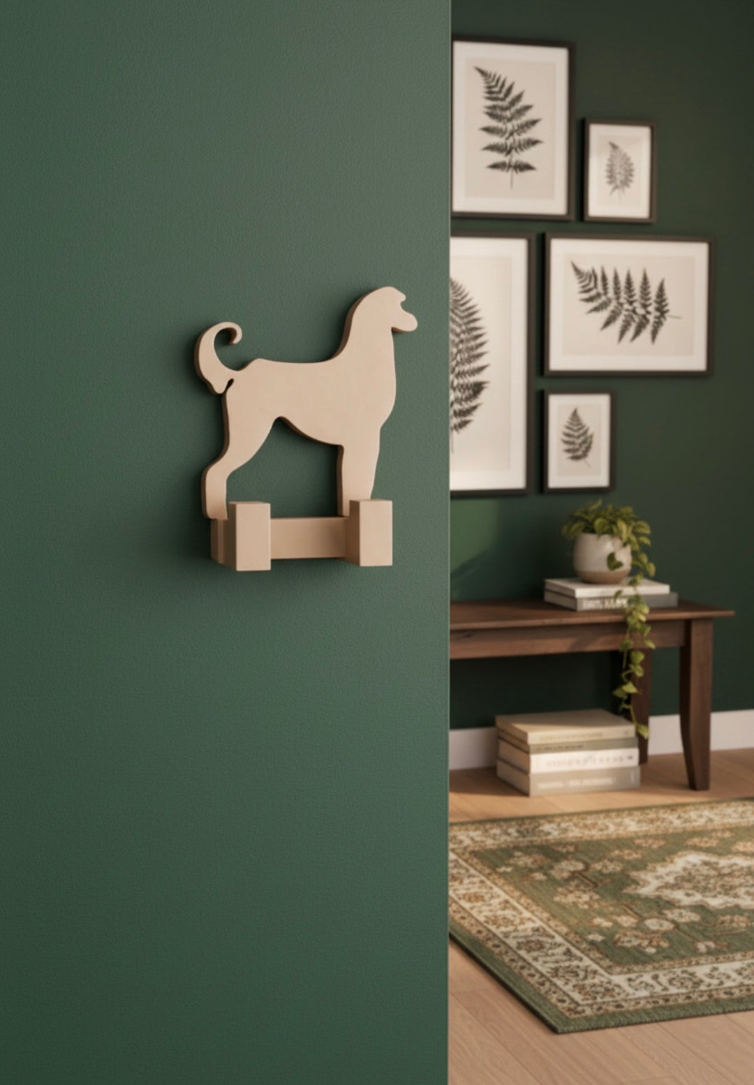 Afghan Hound dog wall hook mounted on a green wall in a modern living room, 3D printed decorative dog lead holder and pet organiser.
