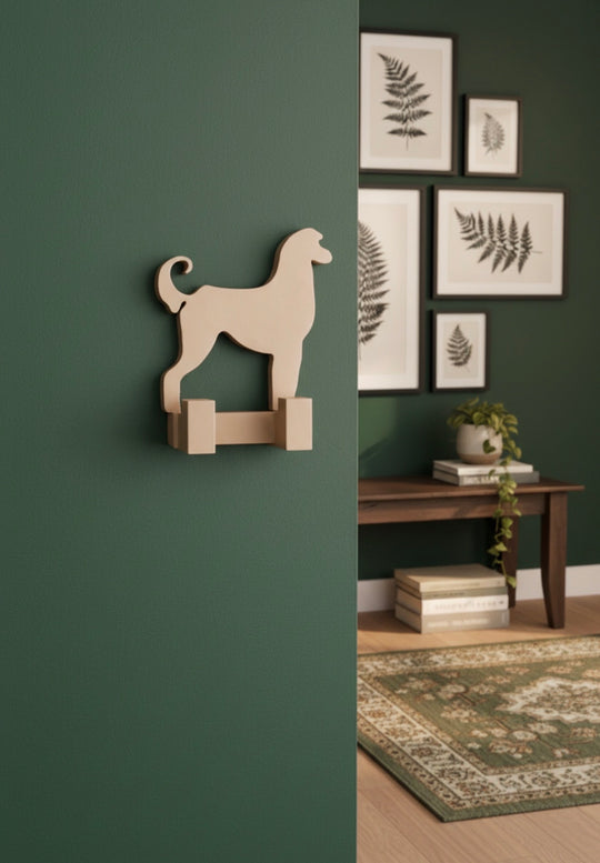 Afghan Hound dog wall hook mounted on a green wall in a modern living room, 3D printed decorative dog lead holder and pet organiser.