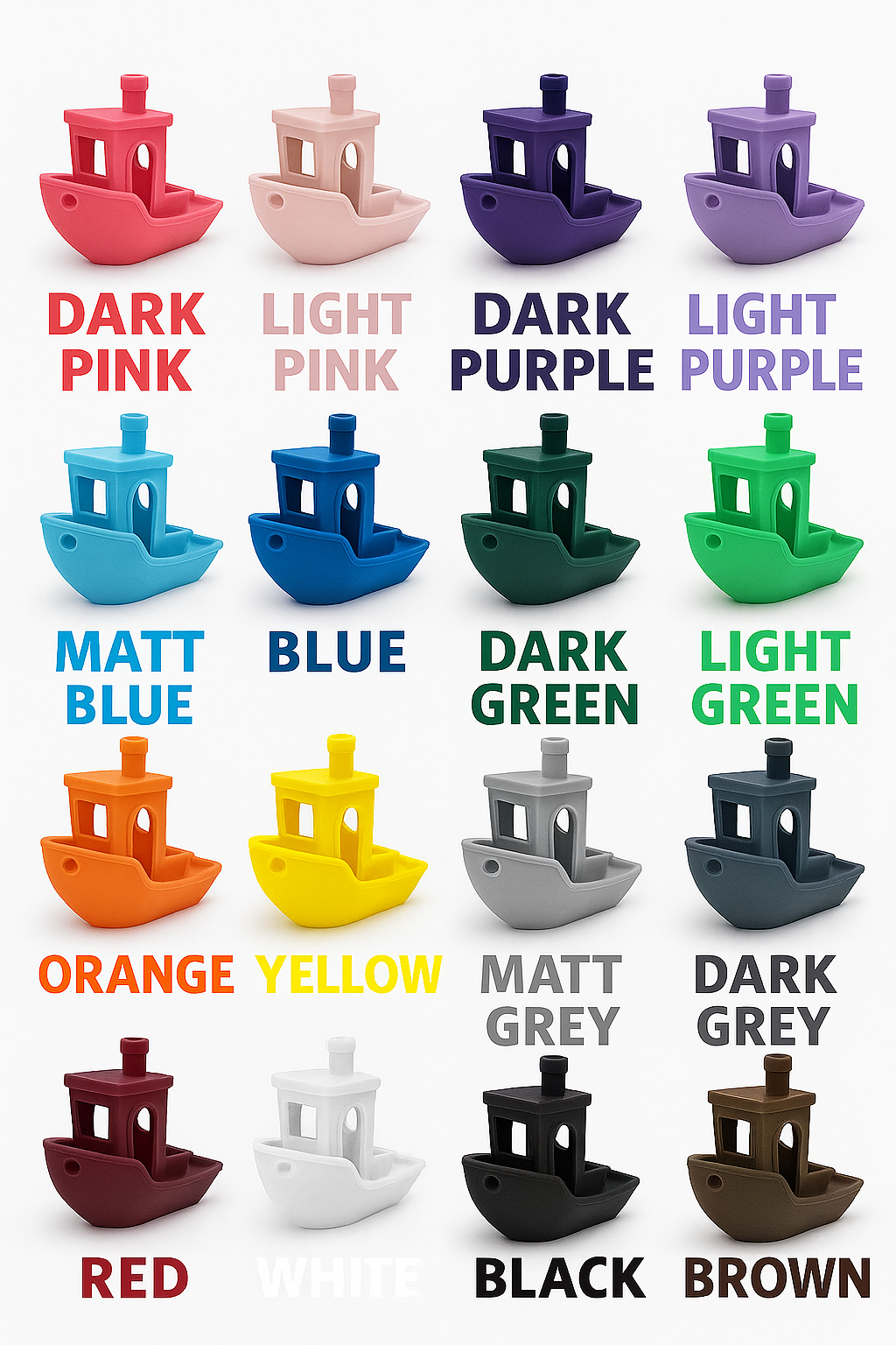 Color chart featuring 3D-printed boat models arranged in a 5x4 grid, each labeled with a color name. Options include dark pink, light pink, dark purple, light purple, matt blue, blue, dark green, light green, orange, yellow, matt grey, dark grey, red, white, black, and brown. Ideal for selecting filament colors for custom 3D-printed items.