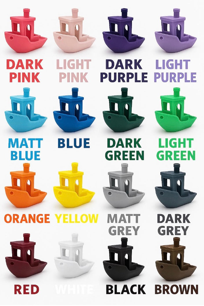 Colorful toy boats in various shades with labels underneath.