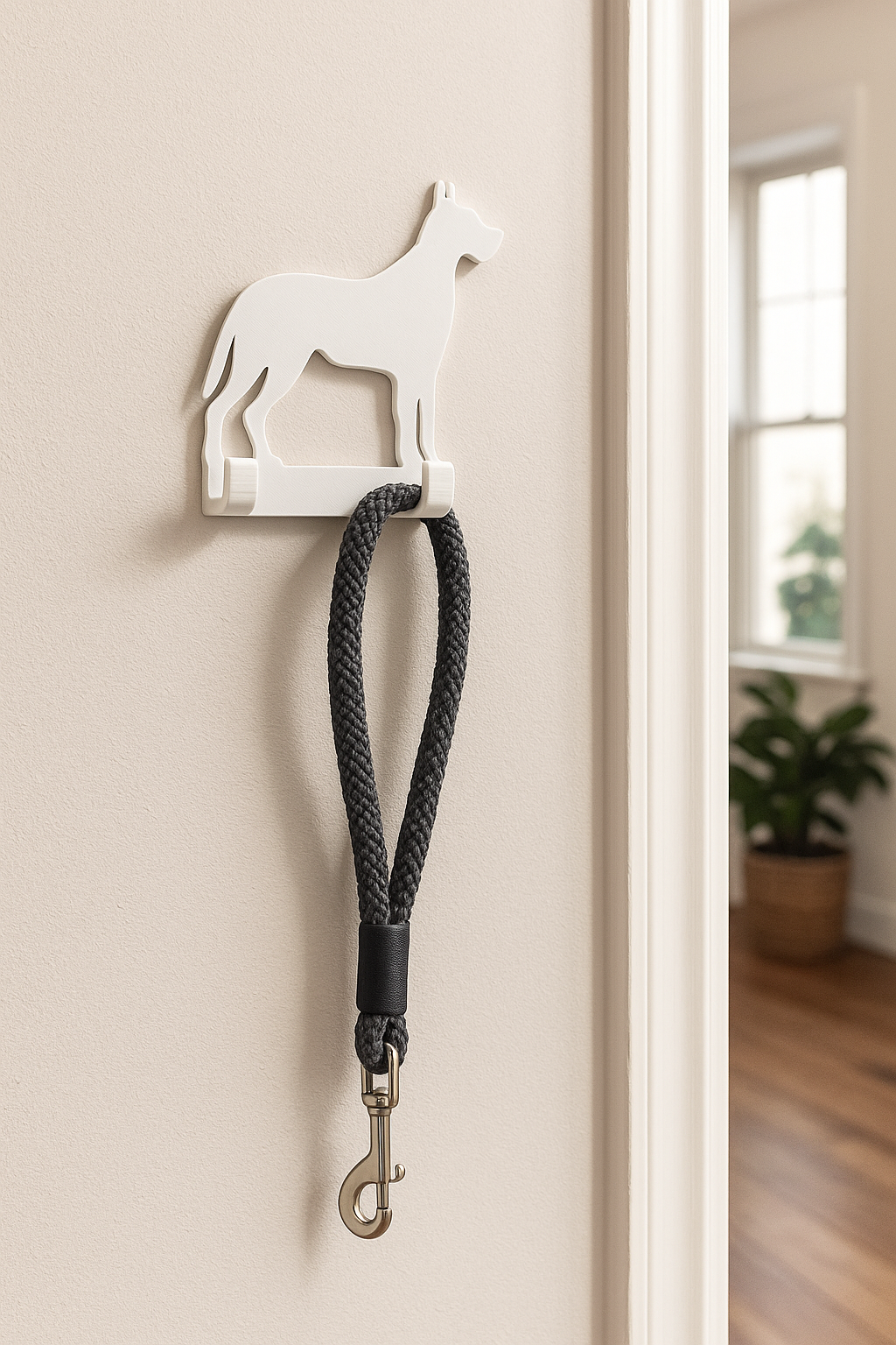 White 3D-printed dog-shaped wall hook mounted near a doorway, holding a black braided dog lead. Modern, minimalist pet accessory displayed in a bright, stylish interior with natural light.