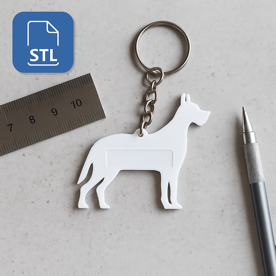 3D-printed Great Dane-shaped keychain displayed on a light background with a metal ruler and craft knife for scale. Includes a keyring and STL file icon, indicating it's a digital download for 3D printing.