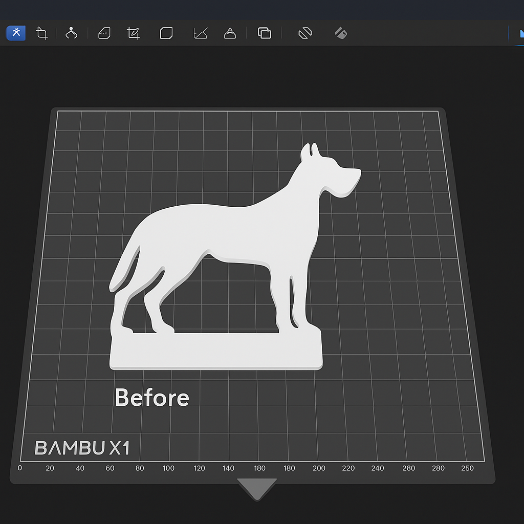 3D model preview of a Great Dane silhouette on a virtual print bed in Bambu Studio slicer software. The design is labeled 'Before' and shows the initial flat version with a rectangular base, ready for 3D printing on a Bambu X1 printer.