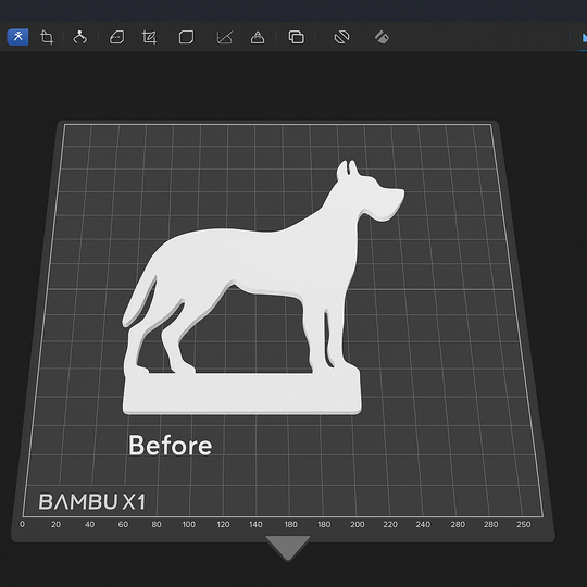 3D model preview of a Great Dane silhouette on a virtual print bed in Bambu Studio slicer software. The design is labeled 'Before' and shows the initial flat version with a rectangular base, ready for 3D printing on a Bambu X1 printer.