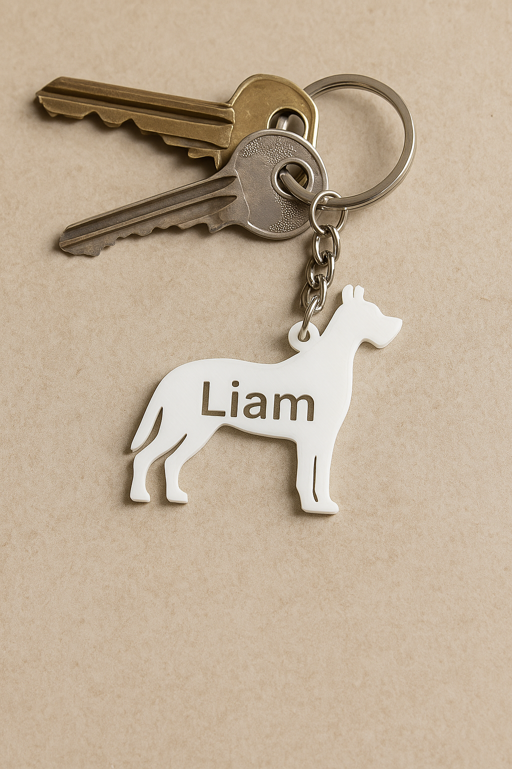 White 3D-printed Great Dane-shaped keyring personalized with the name 'Liam' . Attached to a silver keyring with two metal house keys, displayed on a soft beige textured surface.