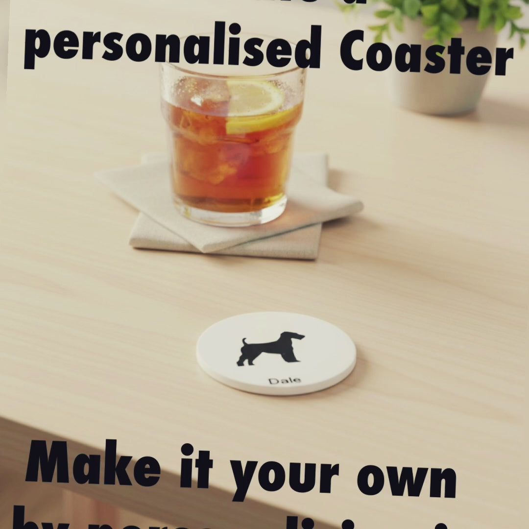 personalised Airedale Terrier coaster with name, custom dog drink coaster on table, dog lover gift UK video