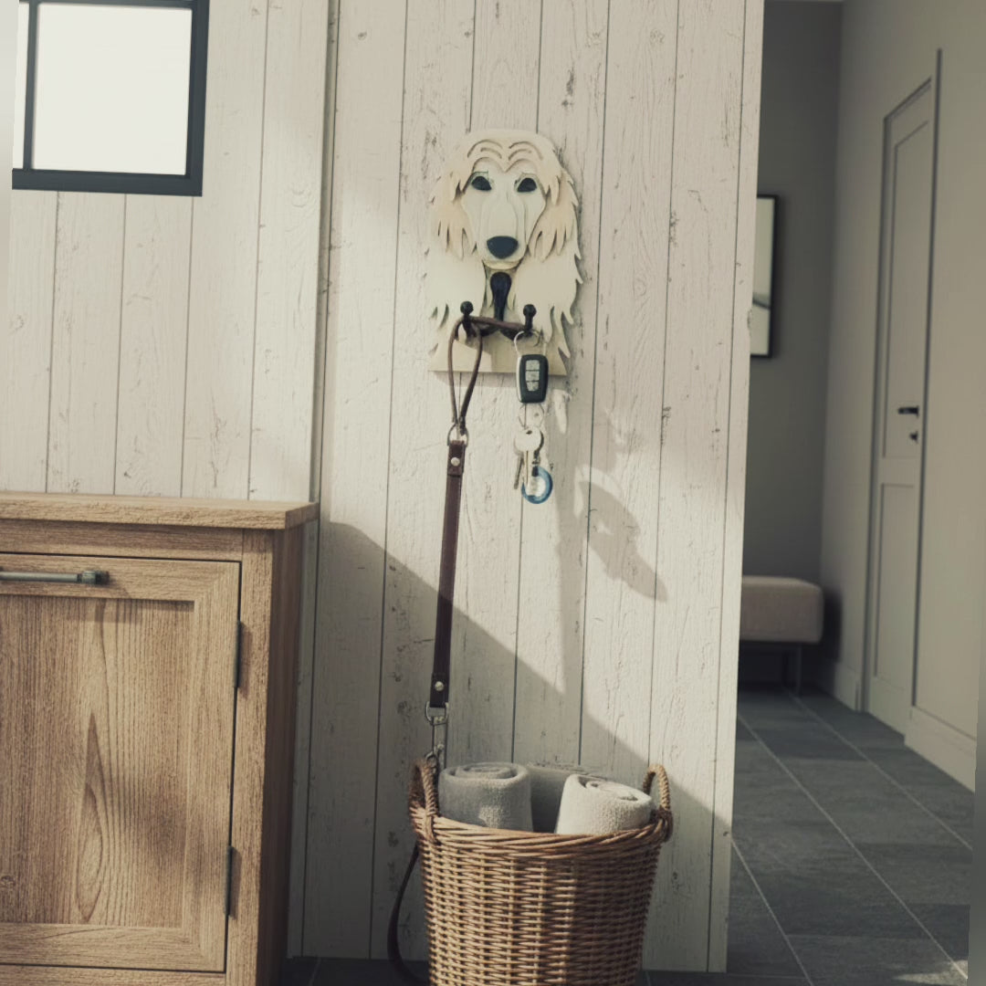 Video showcasing a personalised dog lead holder wall hook in multiple home settings. Shows close-ups of the wooden dog-shaped design, different angles, wall-mounted use, with leads and keys hanging. Demonstrates size, detail, and how it looks as hallway décor.