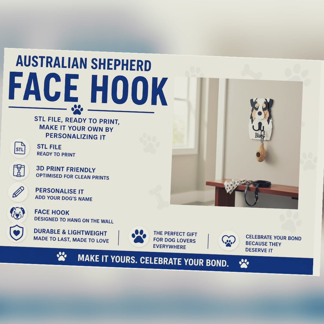 Australian Shepherd Face Hook STL File 3D Printing video