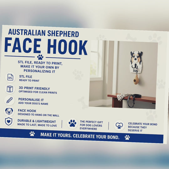 Australian Shepherd Face Hook STL File 3D Printing video