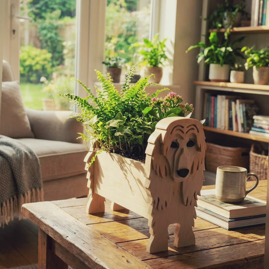 Video showing a 3D-printed Afghan Hound dog planter displayed on a wooden coffee table with plants inside, used as indoor home décor.