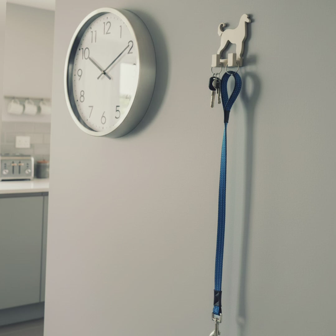 Dog-shaped wall hook holding keys and a blue dog lead on a grey wall, shown in a modern home interior.