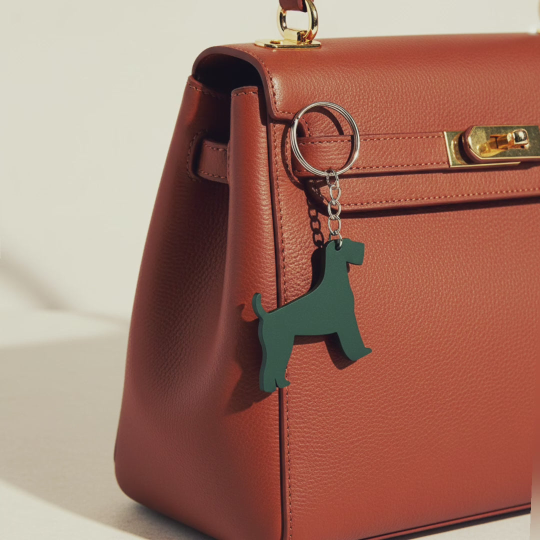Airedale Terrier dog keyring displayed on a brown leather handbag, showing the keyring’s shape and movement.