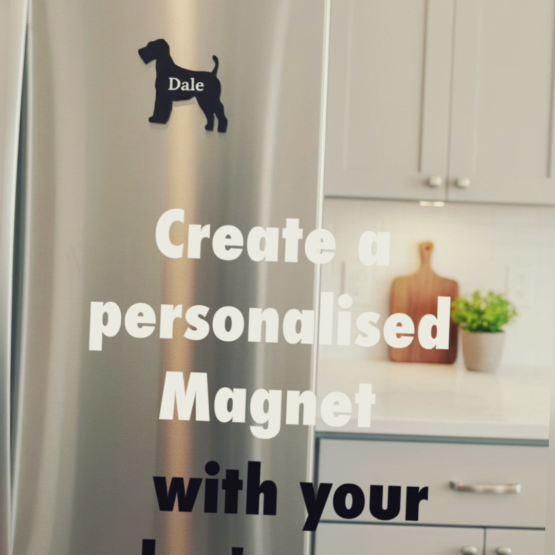 personalised Airedale Terrier magnet with name on fridge, custom dog fridge magnet, dog lover gift UK video