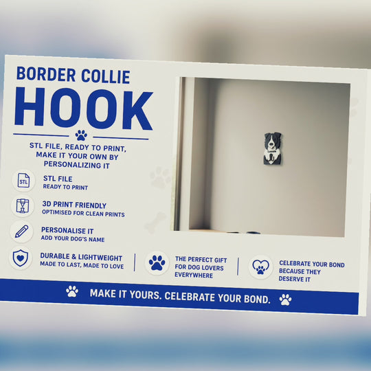 Border Collie Dog Face Hook  STL File 3D Printing