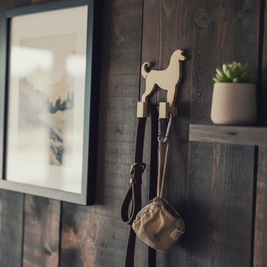 Video slideshow showing multiple views of a 3D printed Afghan Hound dog wall hook, including hallway installation, rustic wooden wall styling, close ups, and 3D printing software previews.