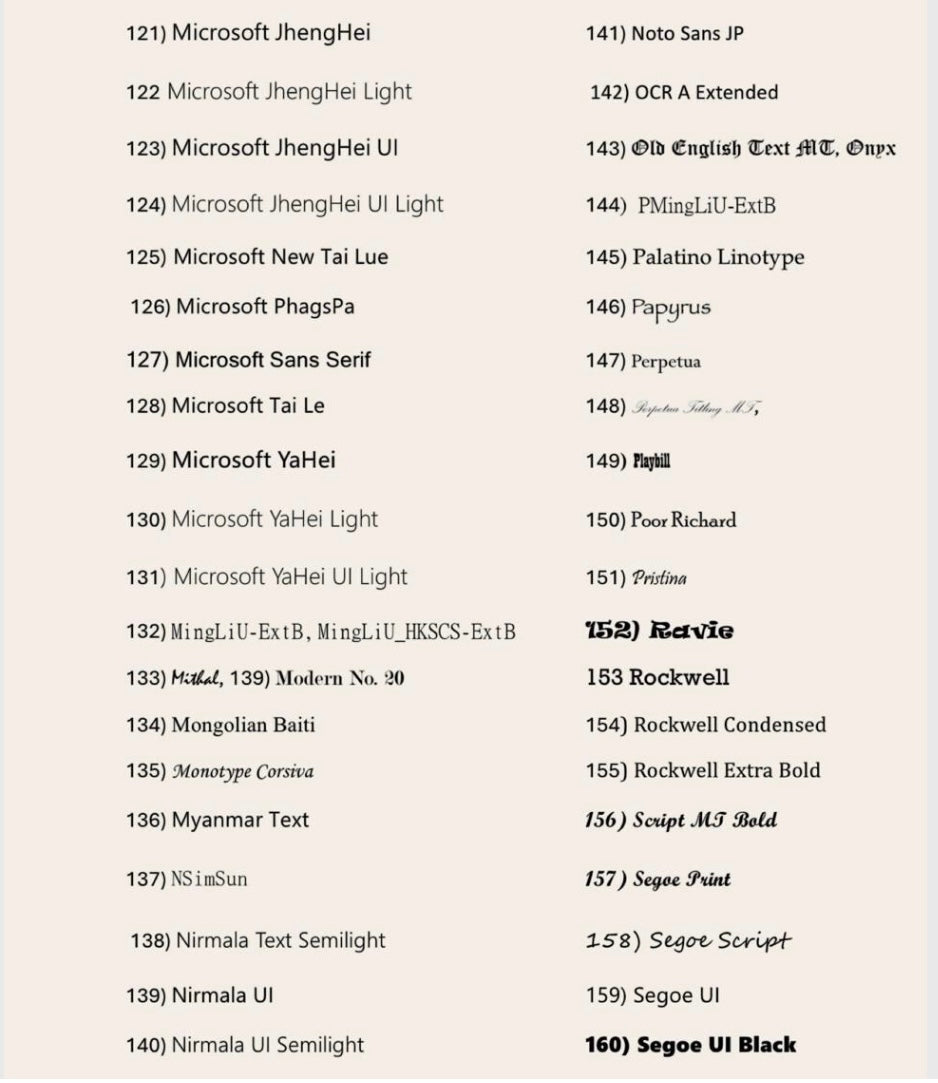 List of various font names on a white background