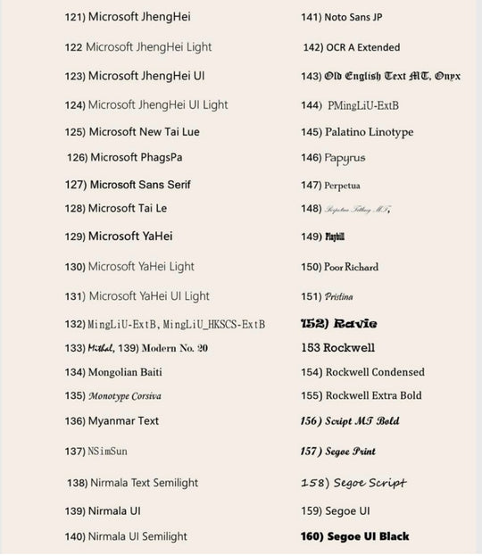 List of various font names on a white background