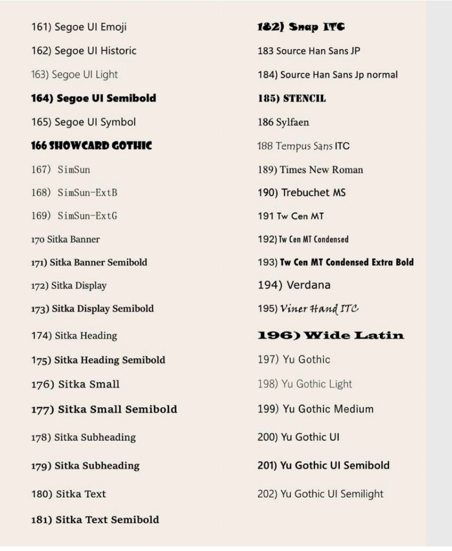 List of font names on a light gray background