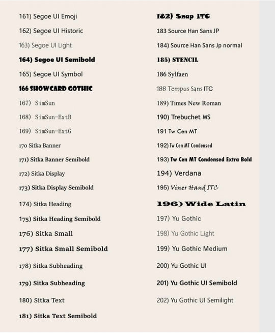 List of font names on a light gray background