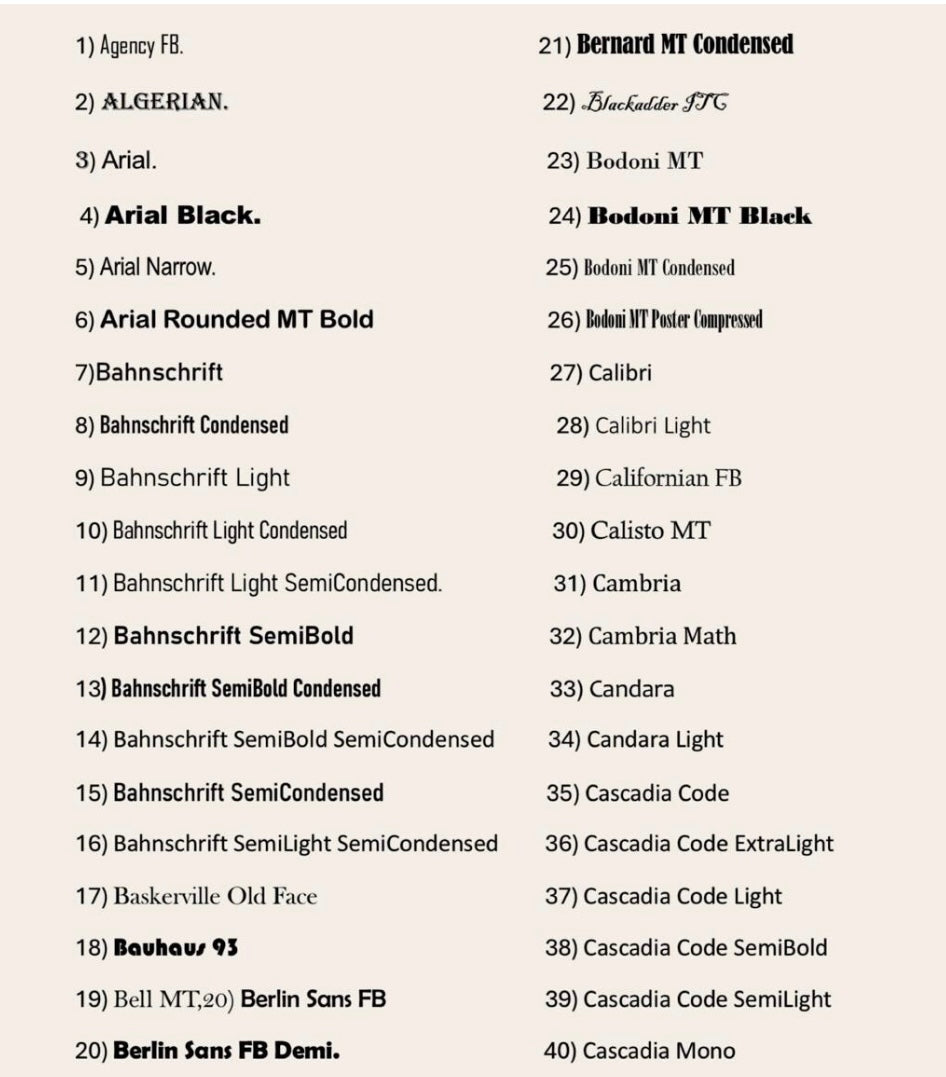 List of font names arranged in a grid on a white background
