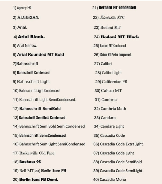 List of font names arranged in a grid on a white background
