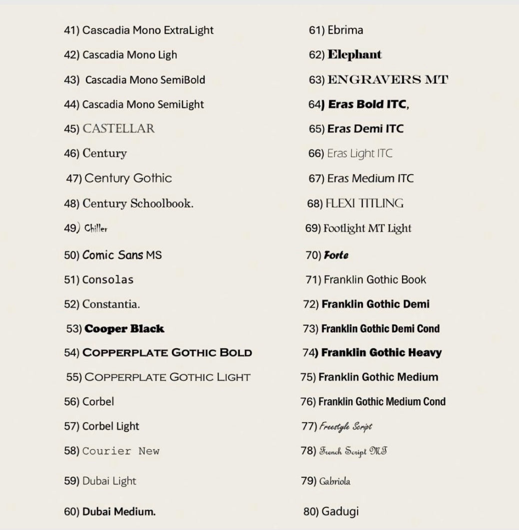 List of various font names on a white background