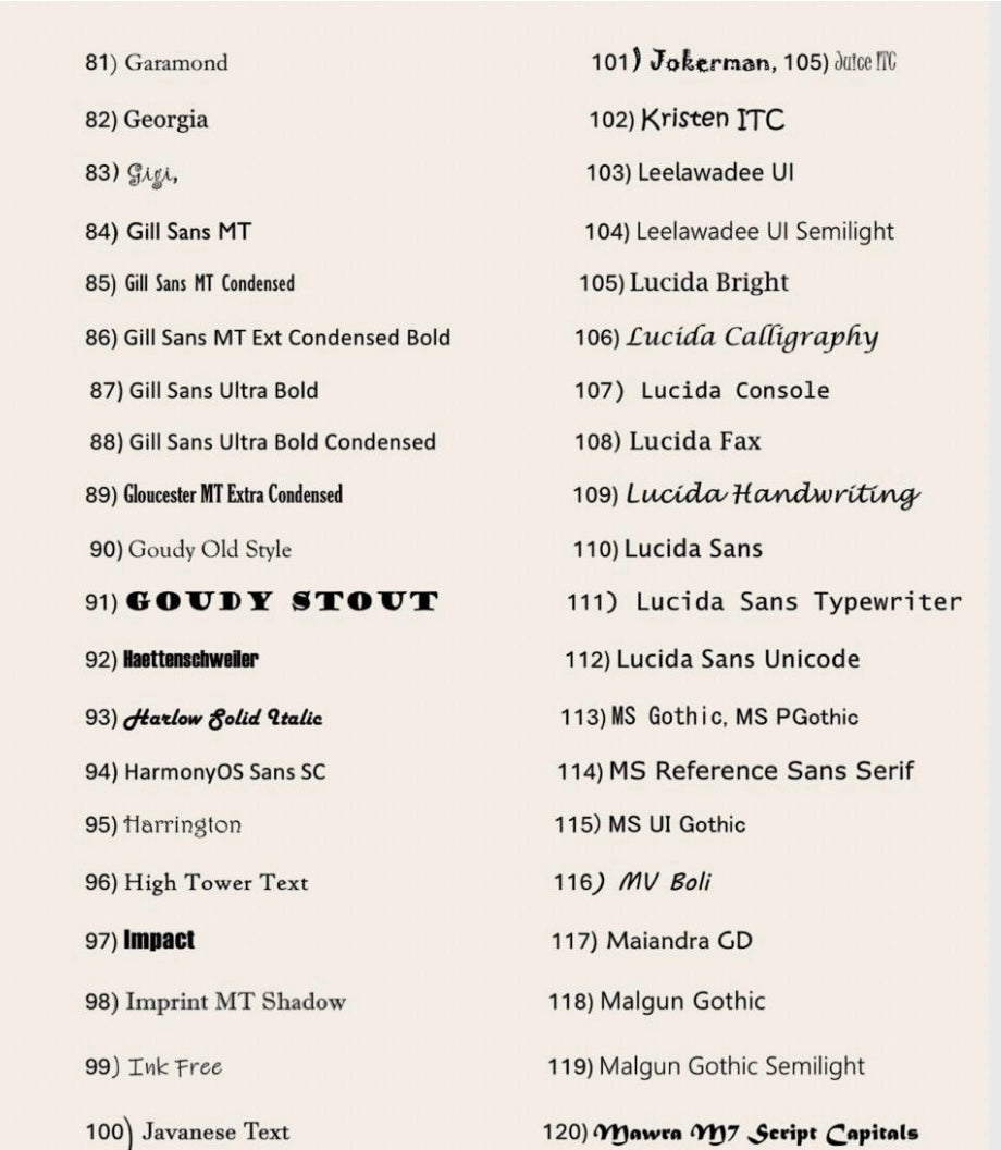List of various font names on a white background