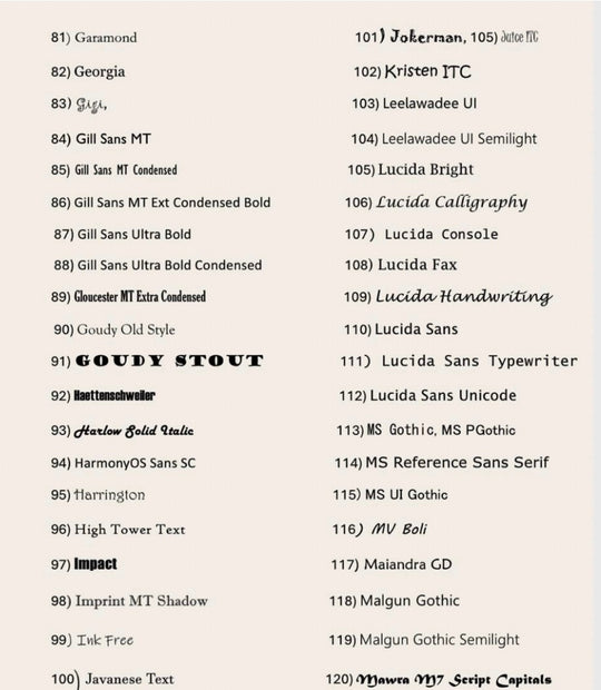 List of various font names on a white background